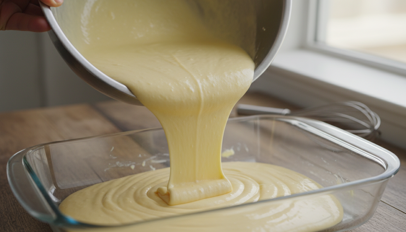 Sponge cake batter being poured into greased 9x13 baking dis