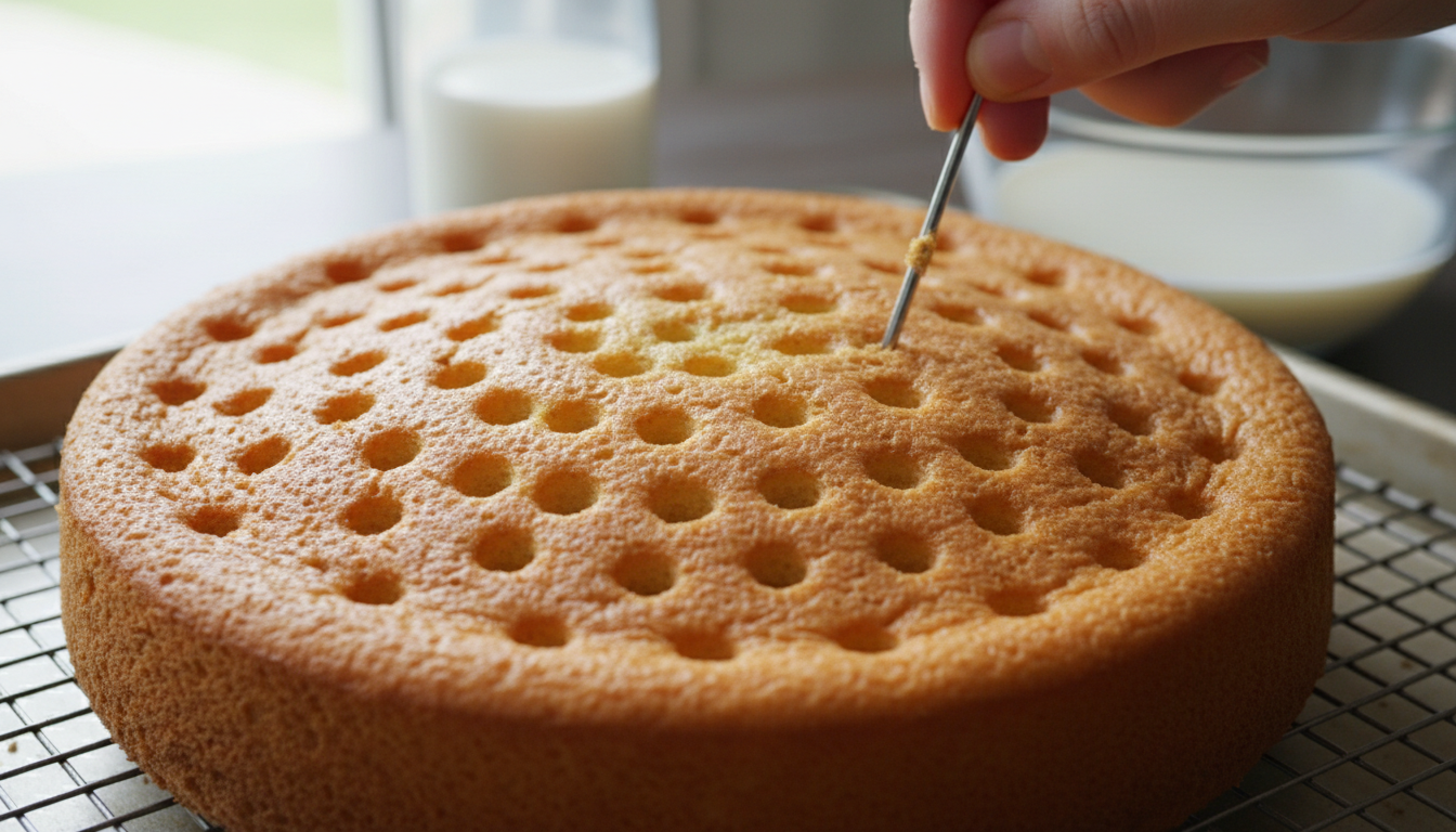 Golden baked sponge cake being poked all over with skewer or