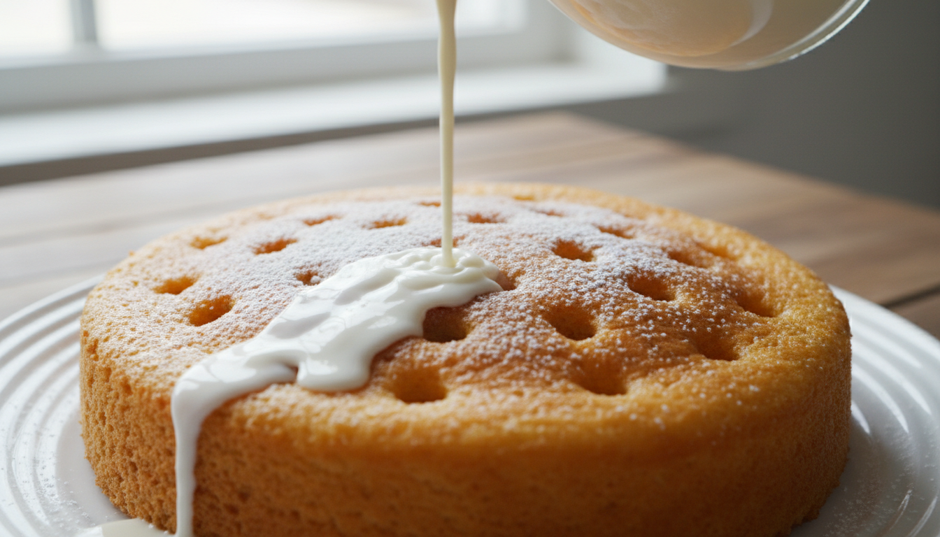 Milk mixture being poured slowly over poked sponge cake, liq