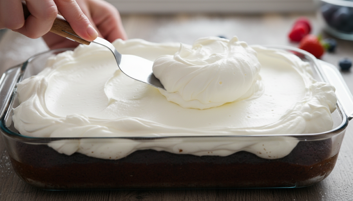 Thick whipped cream being spread over soaked cake in baking 
