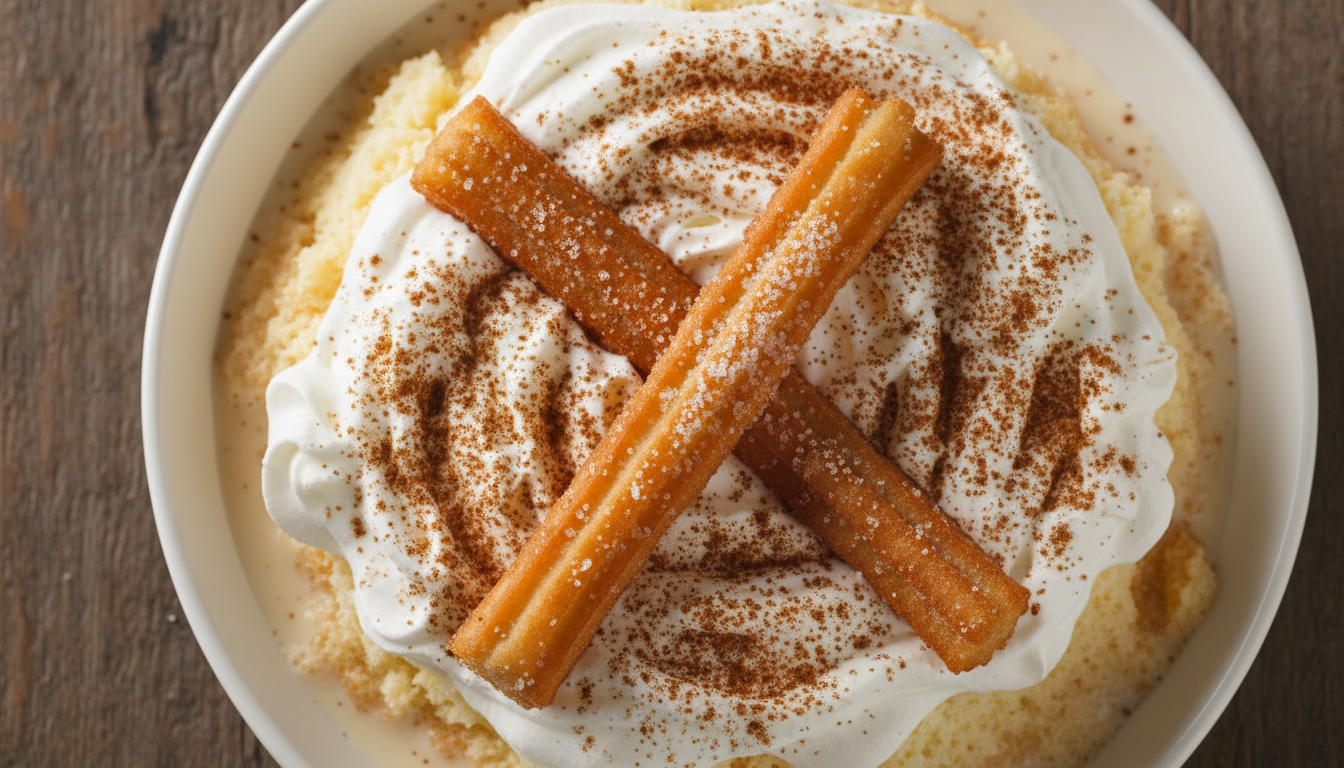 Final churro tres leches in dish: whipped cream dusted with 