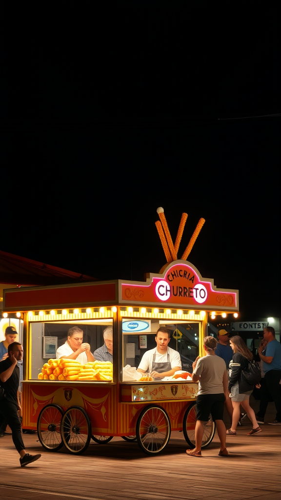 Churro cart at Santa Monica Pier, brightly lit at night with people around