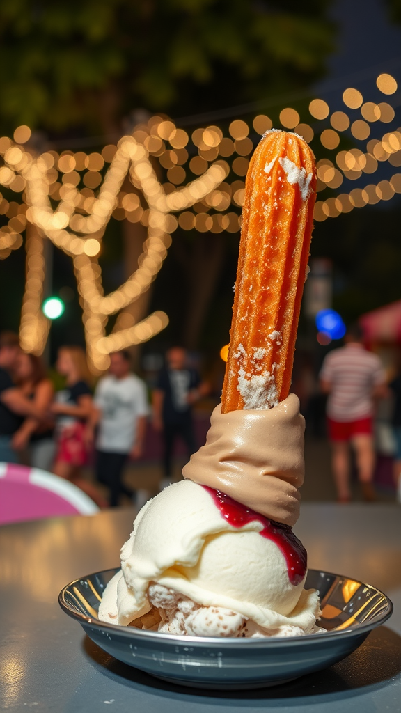 A churro topped with ice cream and sauce, set against a twinkly light backdrop in Echo Park.