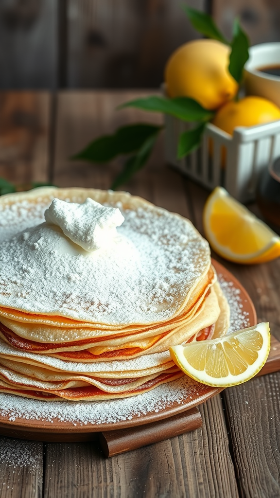 Delicious classic French crepes topped with powdered sugar and served with lemon slices
