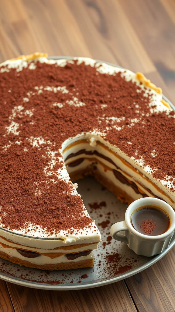 A large dish of classic tiramisu with layers of coffee-soaked ladyfingers and mascarpone, topped with cocoa powder.