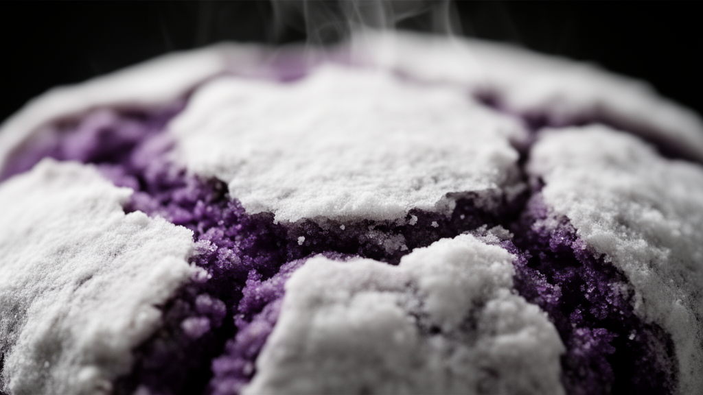 Extreme close-up of baked ube crinkle cookie showing crackly top and purple interior peeking through