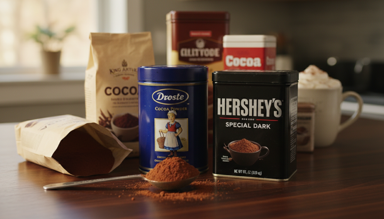 Popular Dutch process cocoa powder brands on a kitchen counter