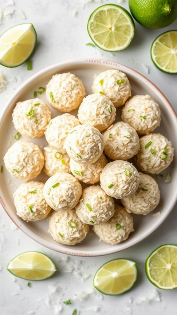 Coconut Lime Energy Bites arranged in a bowl with lime slices around.