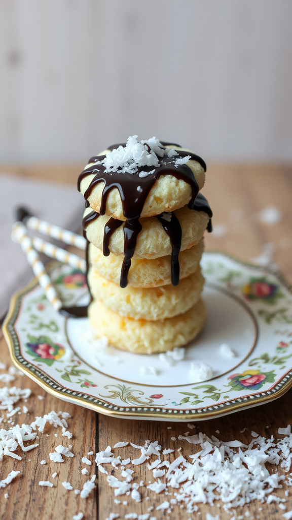 Coconut macaroons stacked on a decorative plate with dark chocolate drizzle and shredded coconut on top.