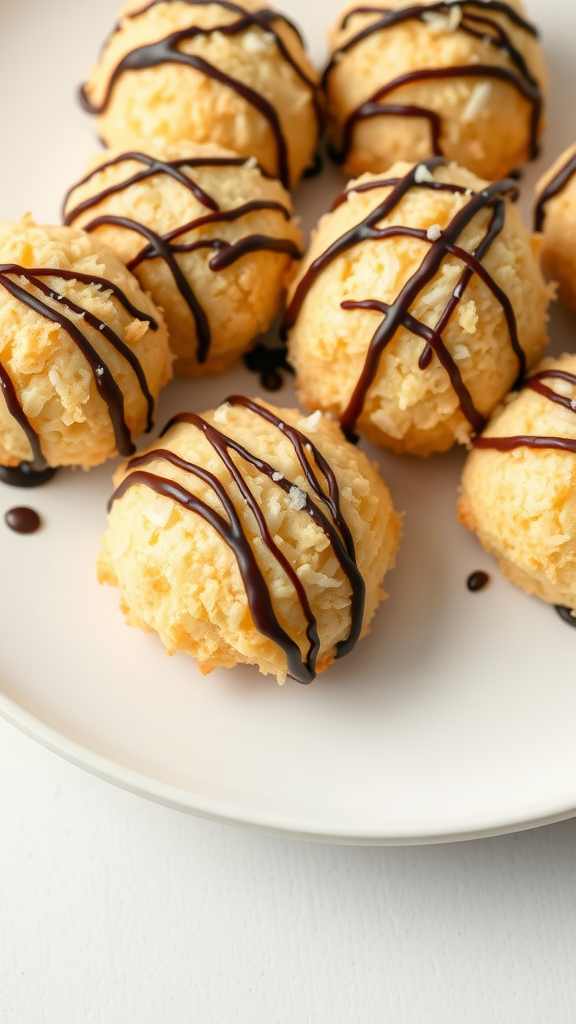 Delicious coconut macaroons drizzled with dark chocolate on a white plate.