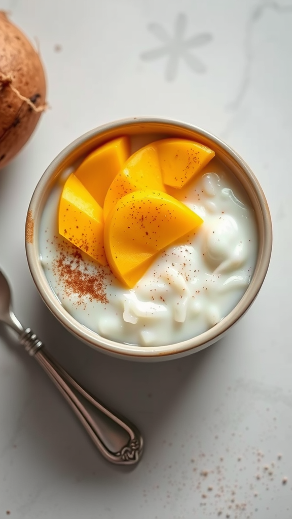 A bowl of coconut milk rice pudding topped with mango slices and a sprinkle of cinnamon.