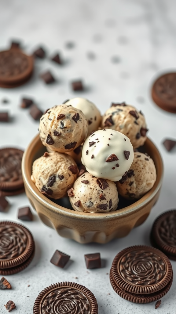 A bowl of cookies and cream protein ball treats surrounded by Oreo cookies and chocolate chunks.