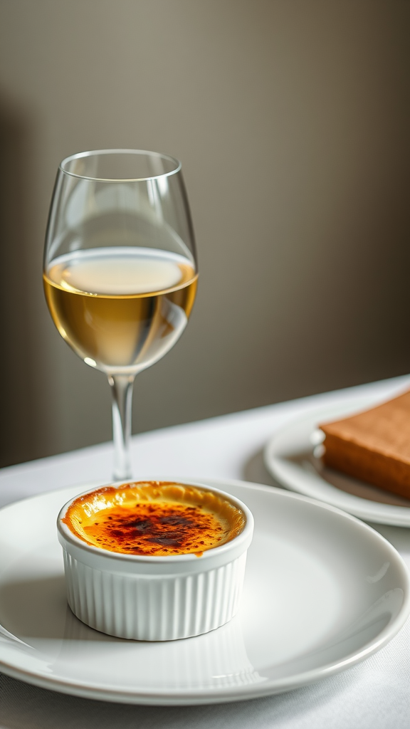 A glass of Chardonnay next to a serving of crème brûlée on a white plate.