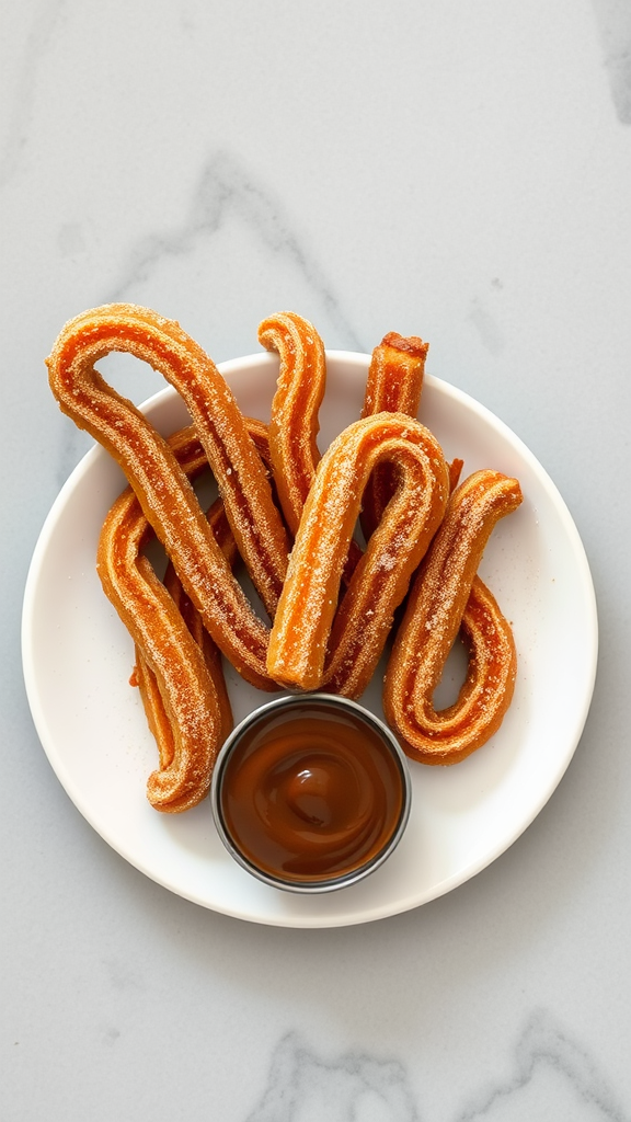 A plate of crispy churros with a bowl of chocolate sauce