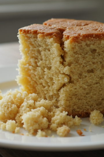 A dry crumbly cake slice on a white plate showing how over-baked or incorrect ratio cake falls apart