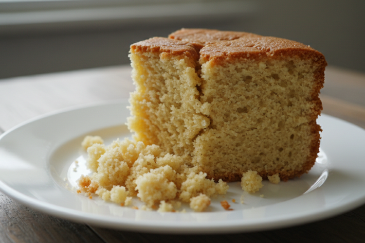 A dry crumbly cake slice on a white plate showing how over-baked or incorrect ratio cake falls apart