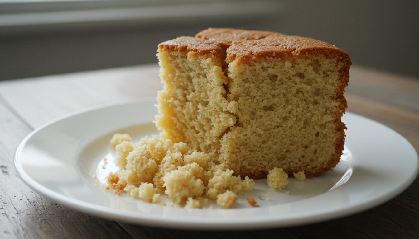 A dry crumbly cake slice on a white plate showing how too much flour or overbaking causes cake to fall apart