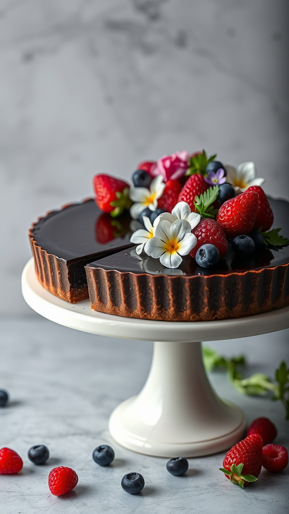 A beautifully arranged Dark Chocolate Ganache Tart topped with fresh berries and edible flowers.