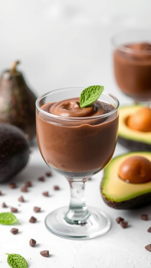A glass of chocolate avocado mousse topped with a mint leaf, surrounded by avocados and chocolate chips.