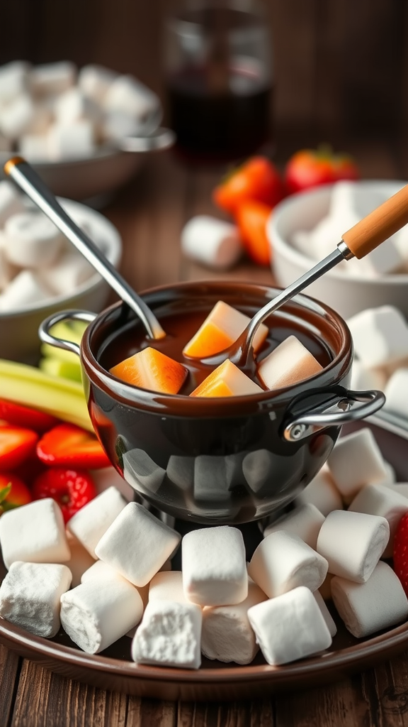 A pot of dark chocolate fondue surrounded by marshmallows and fresh fruits for dipping.