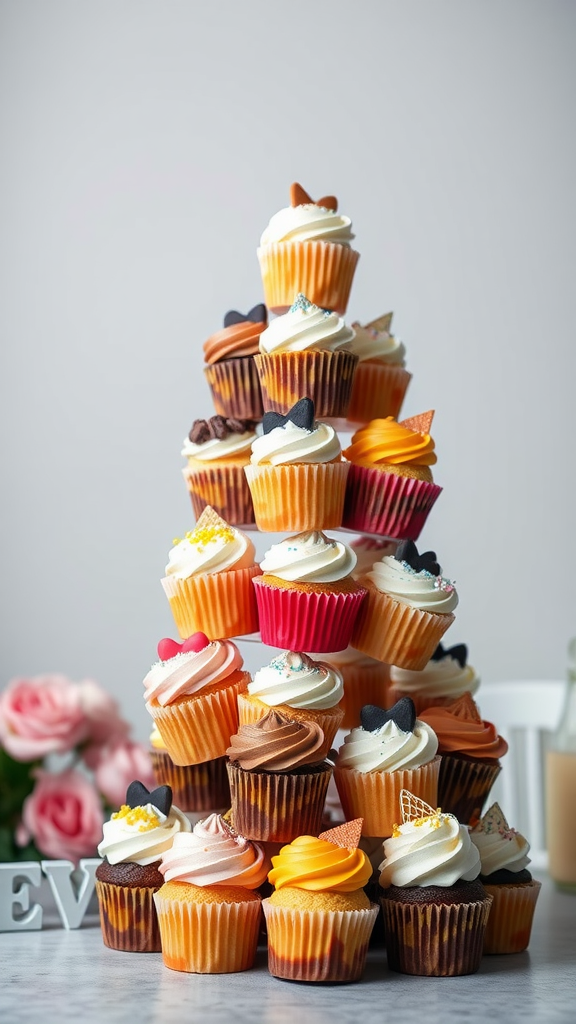 A colorful tower of decorated cupcakes in various flavors and designs.