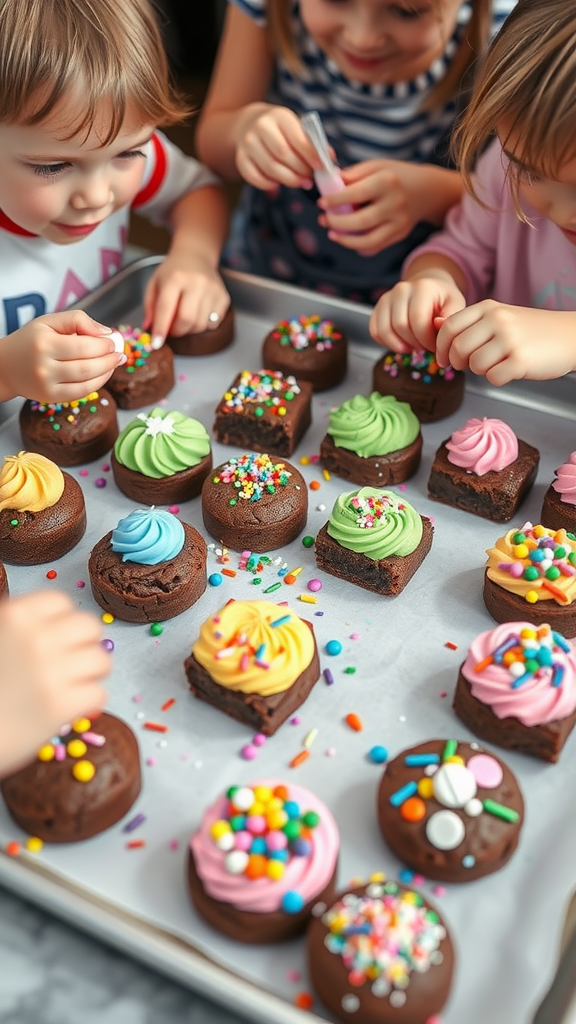 Colorful decorative brownie bites topped with frosting and sprinkles.