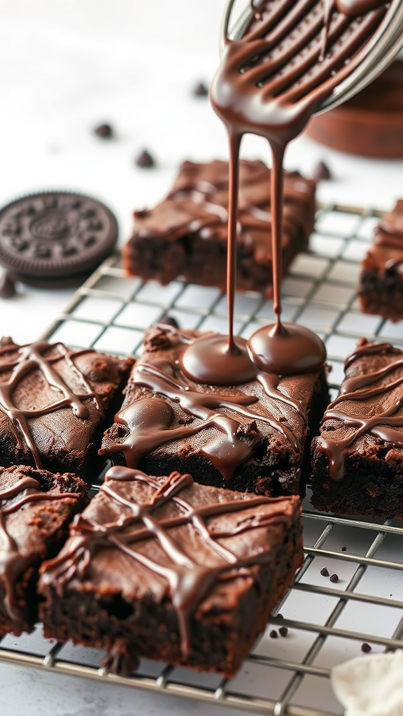 Delicious Double Chocolate Oreo Protein Brownies with a glossy chocolate drizzle on top.
