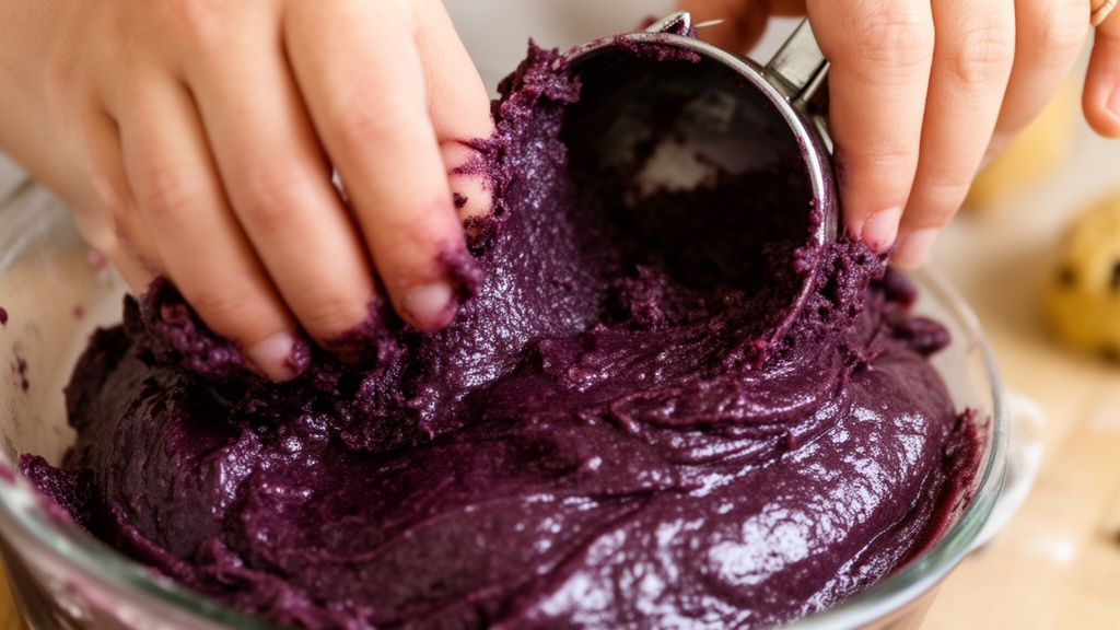 Hand scooping thick glossy dark purple cookie dough with a cookie scoop, showing consistency