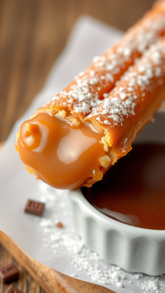 Dulce de leche stuffed churro with a bite taken out, showing creamy filling and powdered sugar on top.