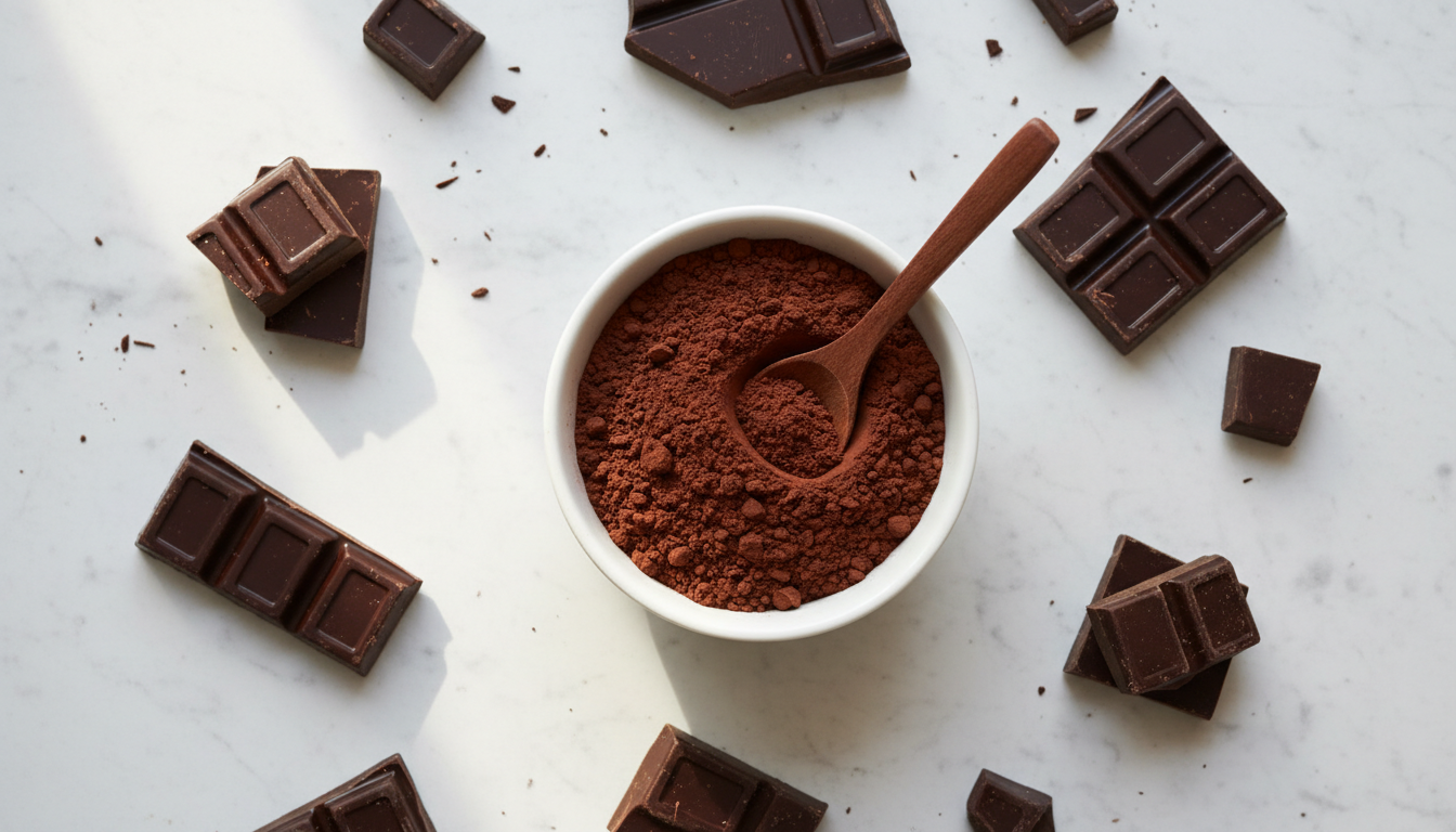 Dutch process cocoa powder in a ceramic bowl with dark chocolate