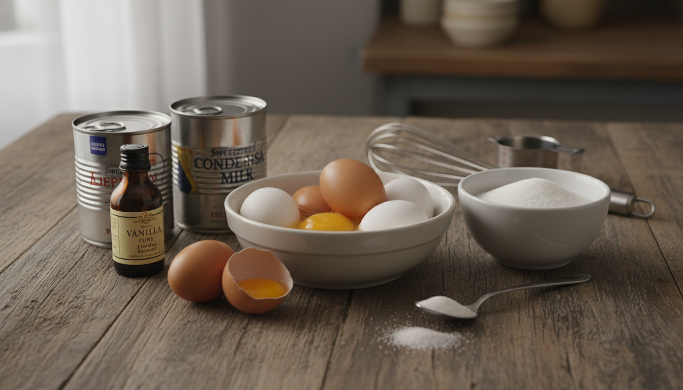 Flan ingredients laid out on a wooden table: eggs, condensed milk, evaporated milk, vanilla, and sugar