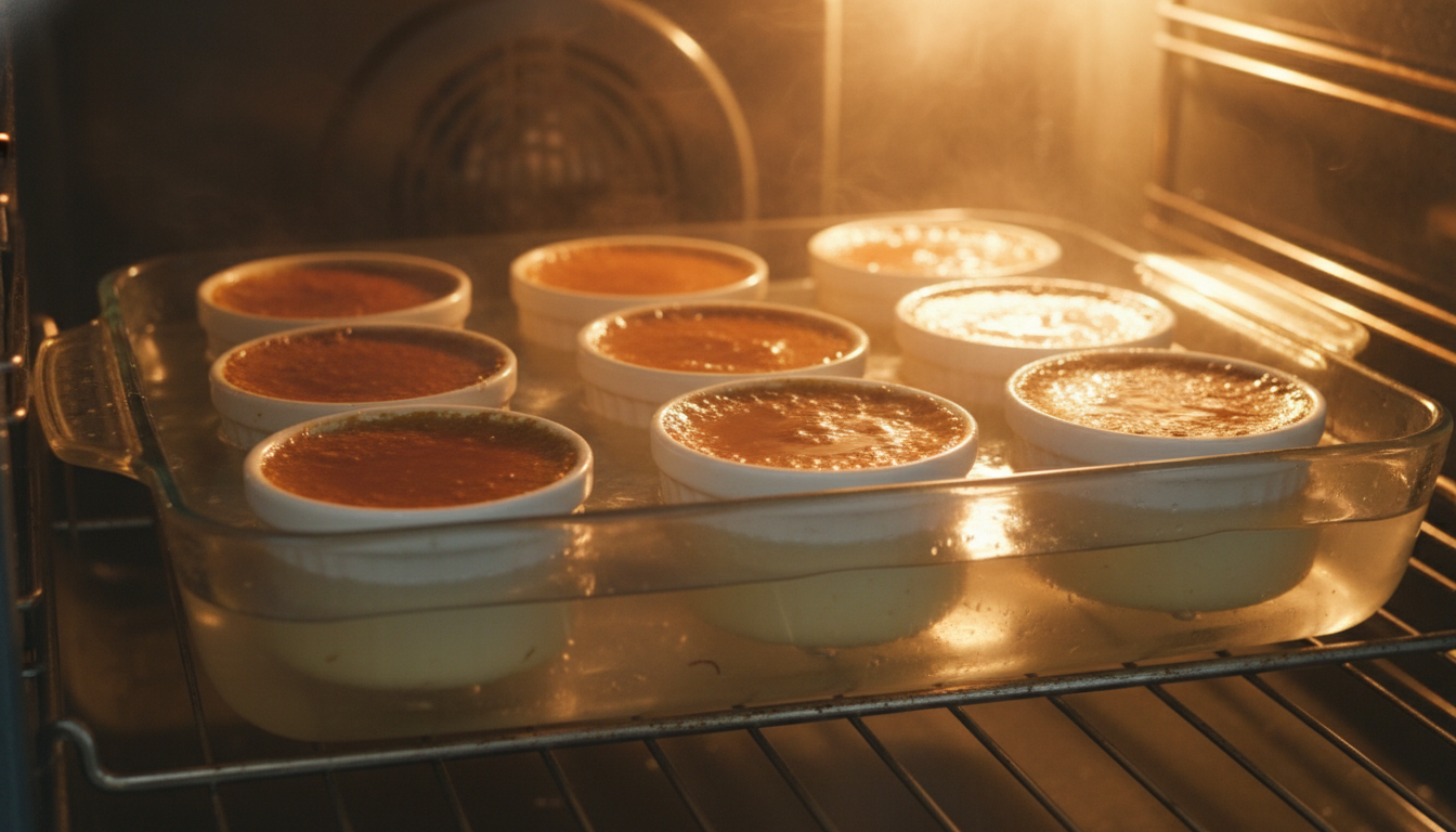 Flan mold in a water bath (bain-marie) inside the oven