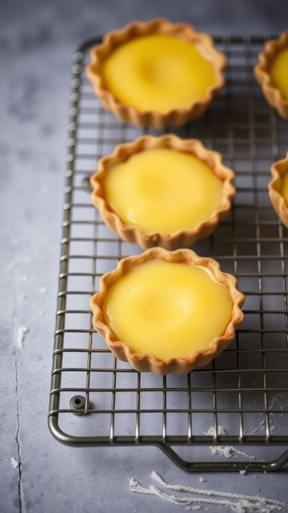 Delicious egg tarts with a flaky crust on a cooling rack.
