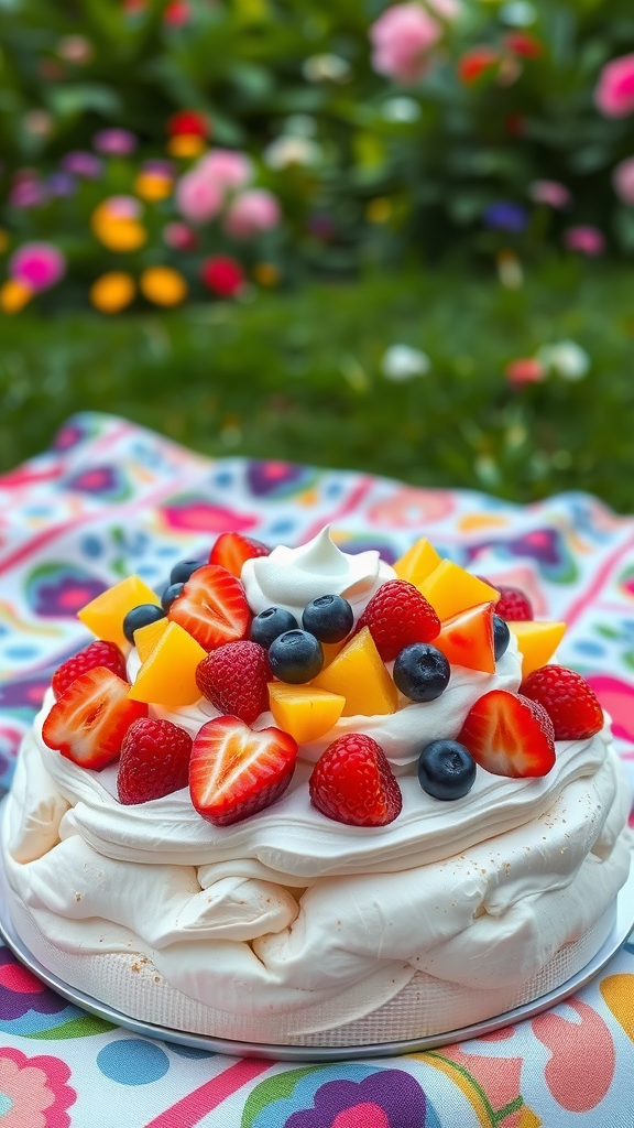 A Pavlova dessert topped with strawberries, blueberries, and mango, set in a garden with colorful flowers in the background.