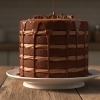 Fluffy chocolate layer cake with ganache on a white cake stand