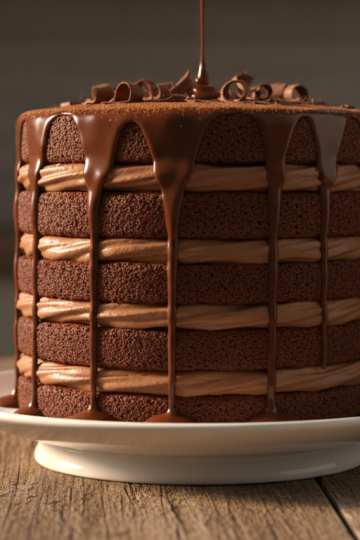 Fluffy chocolate layer cake with ganache on a white cake stand