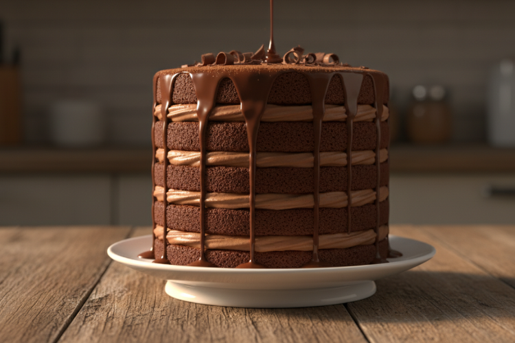 Fluffy chocolate layer cake with ganache on a white cake stand