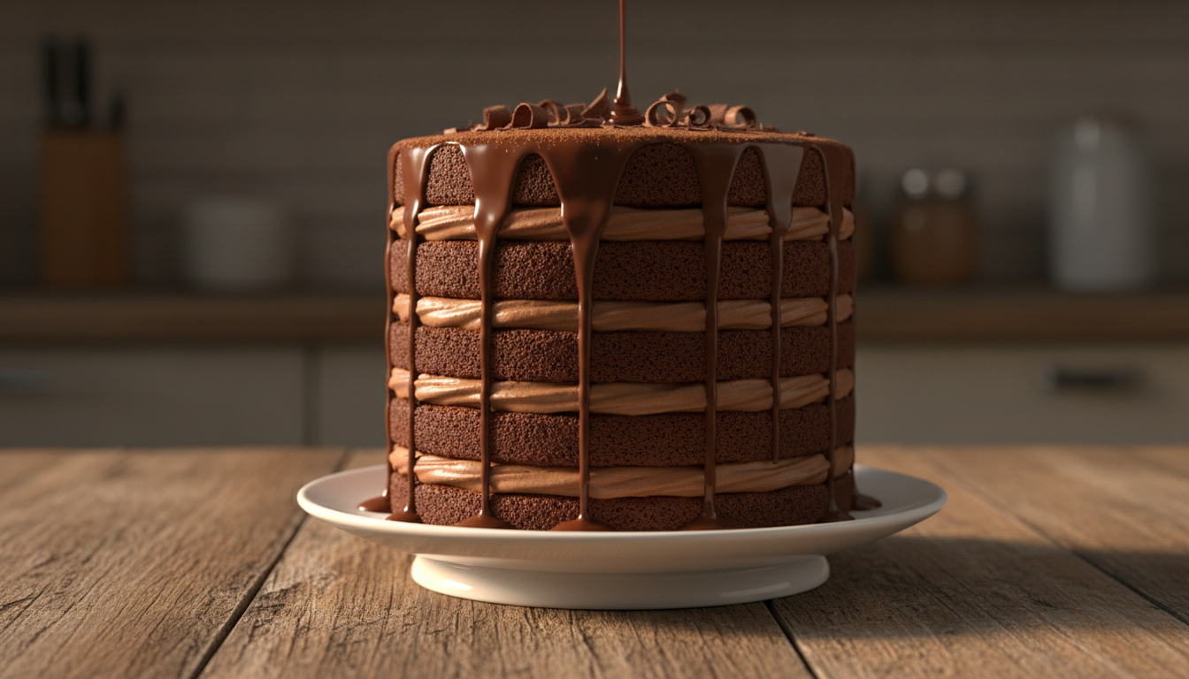 Fluffy chocolate layer cake with chocolate ganache drip on a white cake stand
