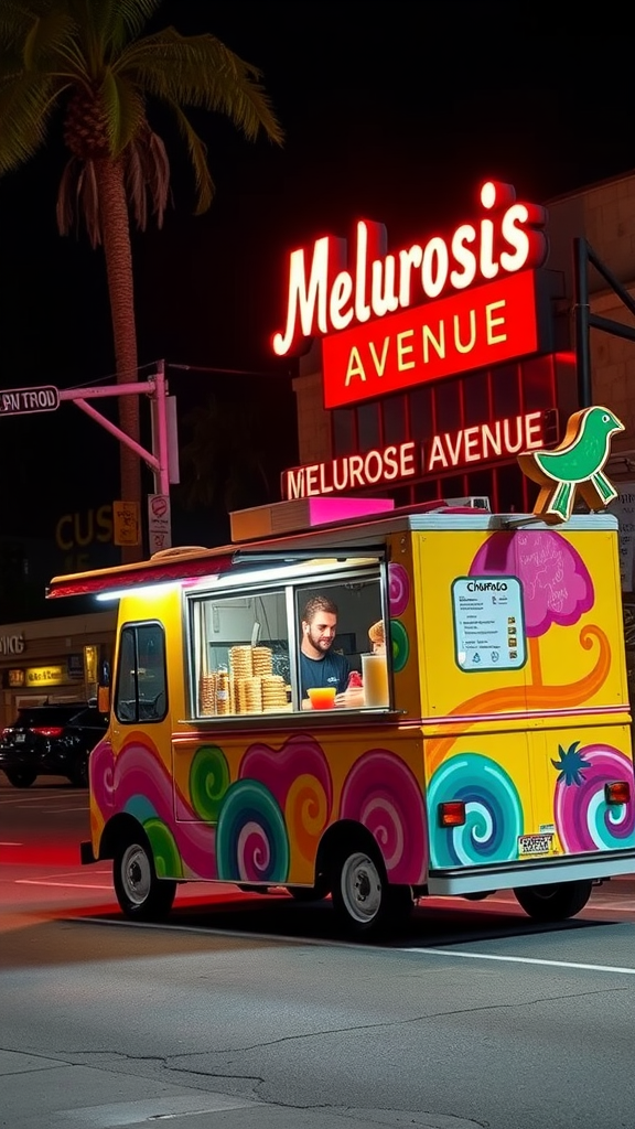 A colorful churro food truck on Melrose Avenue at night, with a vendor inside serving churros.