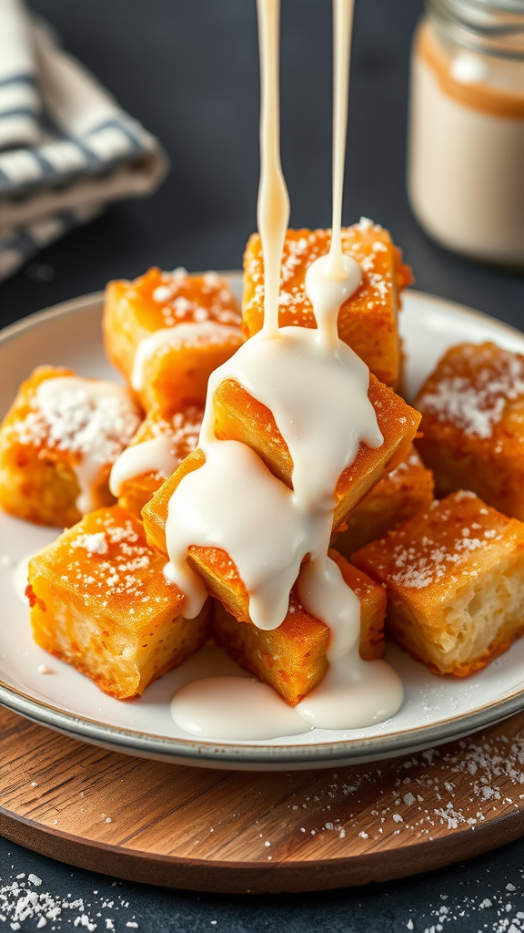 A plate of fried milk squares drizzled with condensed milk