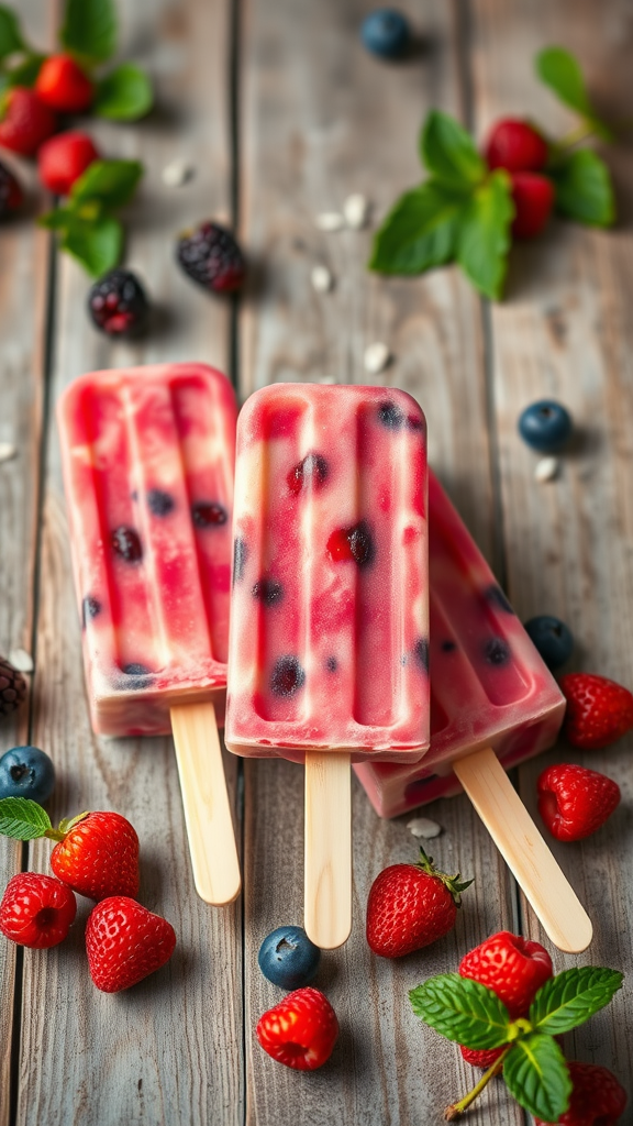 Delicious frozen berry chia popsicles with fresh berries around them