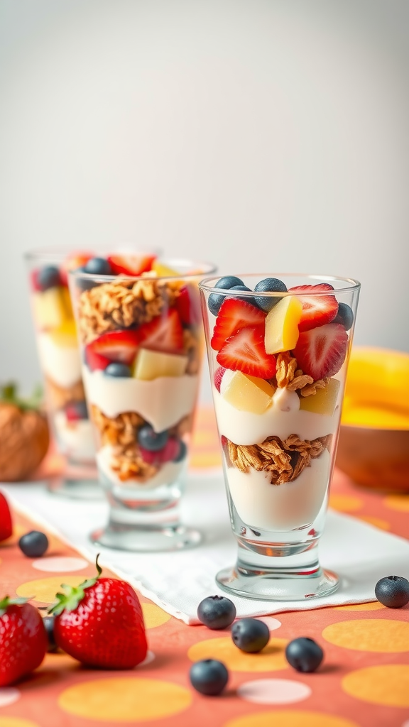 Colorful fruit and yogurt parfaits in glasses, layered with yogurt, granola, and fresh fruits.