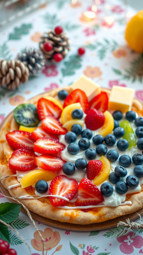 Colorful fruit pizza topped with fresh fruits and creamy icing