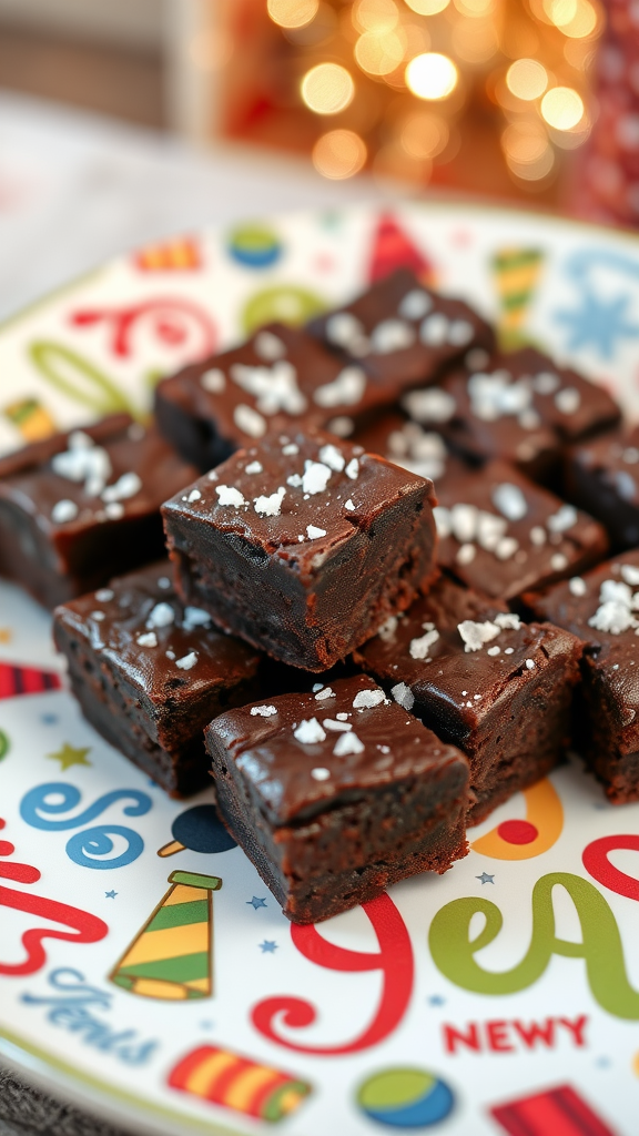 A plate of fudgy brownie bites with a festive design, topped with sea salt.