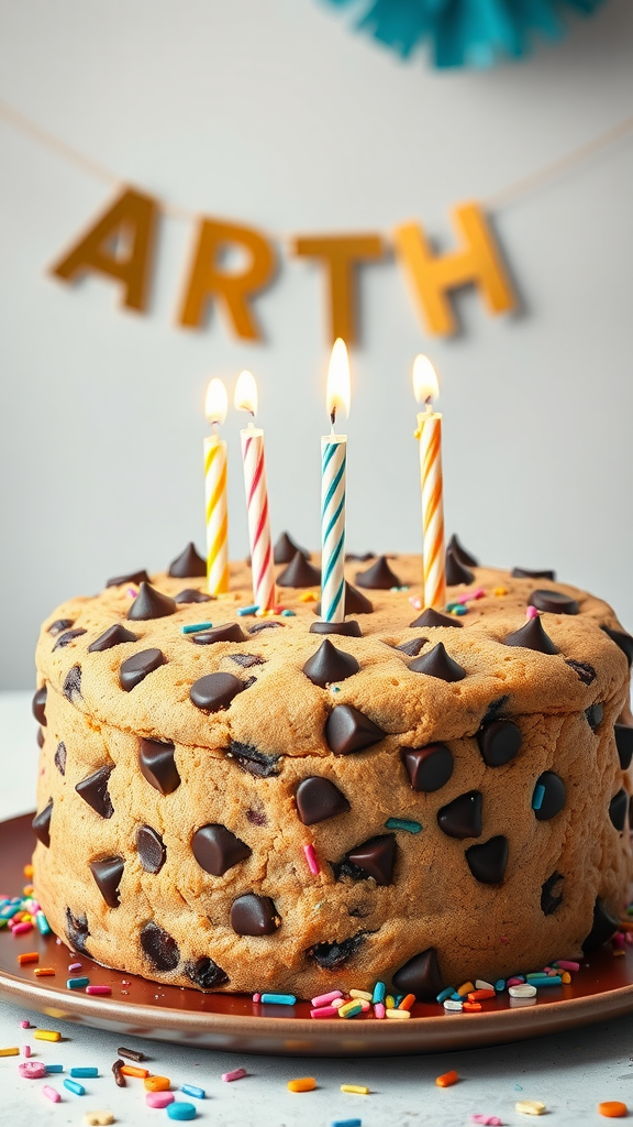 A large chocolate chip cookie cake decorated with sprinkles and candles