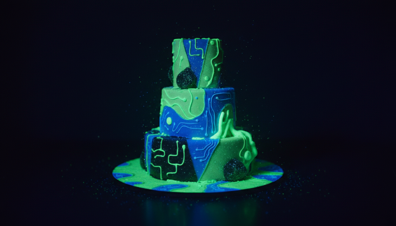 Neon green and blue glowing cake under UV blacklight, dark r