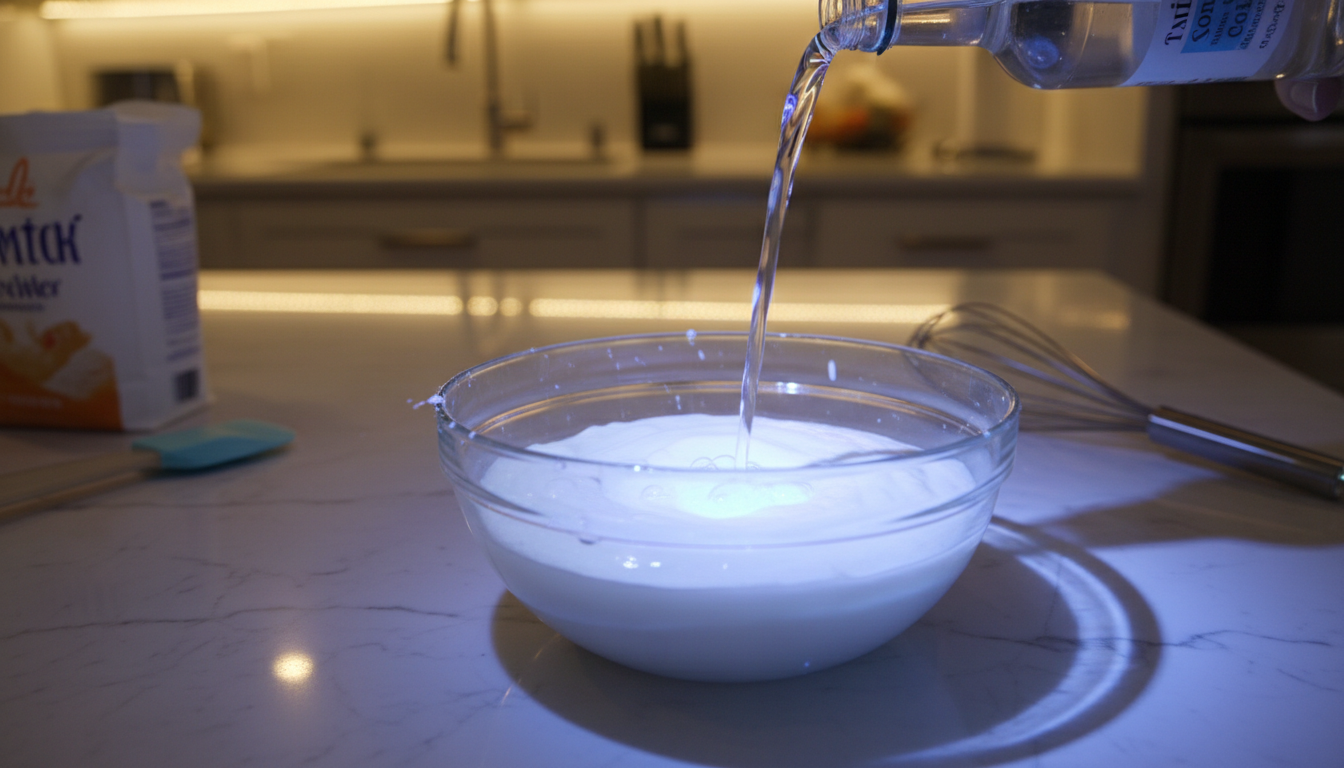 Tonic water being poured into frosting showing the clear liq