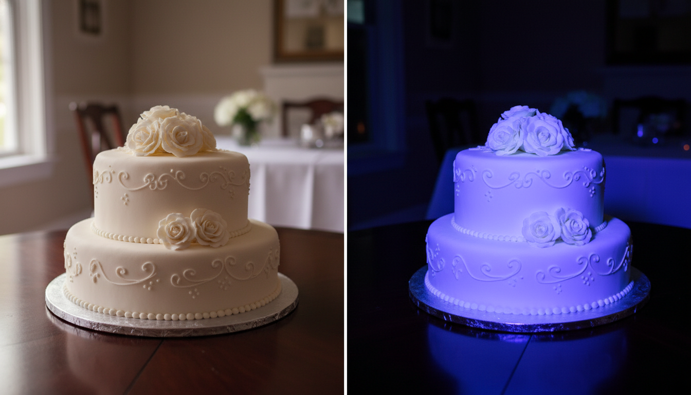 Side-by-side comparison: white cake under regular light vs s