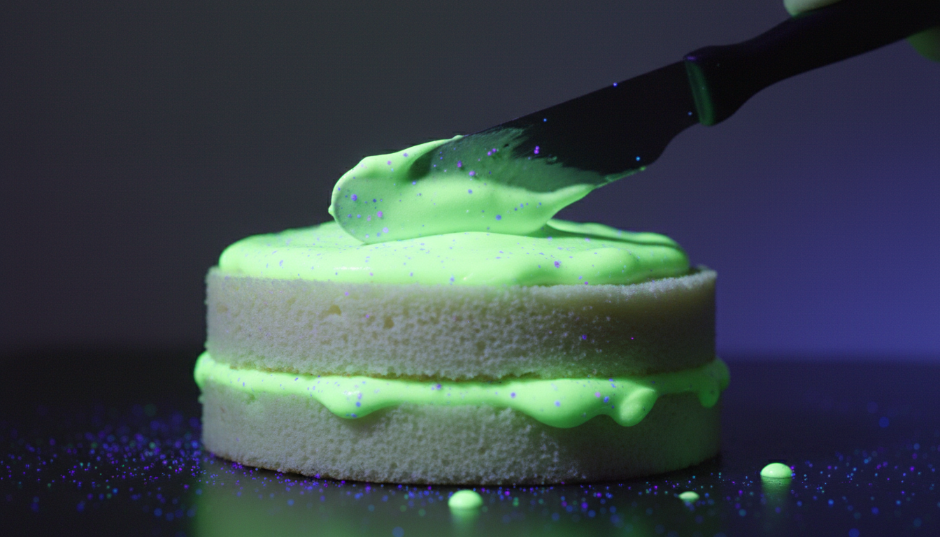 UV reactive frosting being spread between two white cake lay
