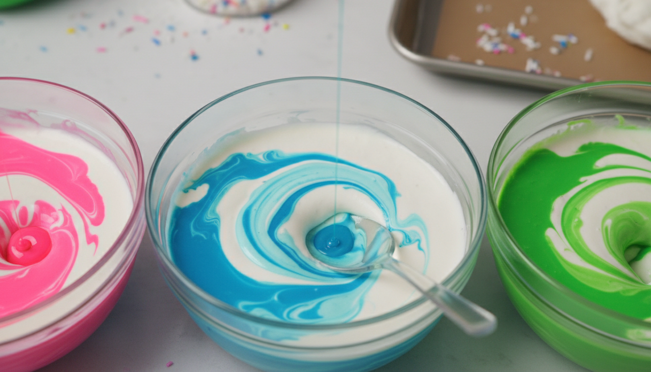 Neon food coloring drops being mixed into white frosting mak